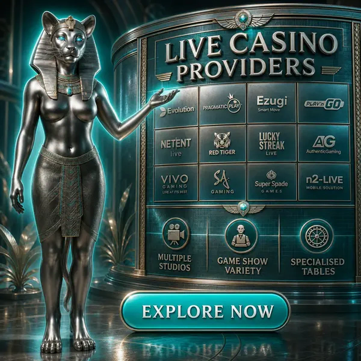 Katzenartige Kuratorin präsentiert Live-Casino-Anbieter bei Evolution Gaming und Studio Mix