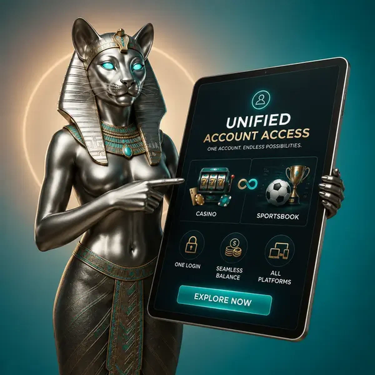 Katzengöttin demonstriert Winaura Login-Portal mit einheitlichem Konto-Tablet