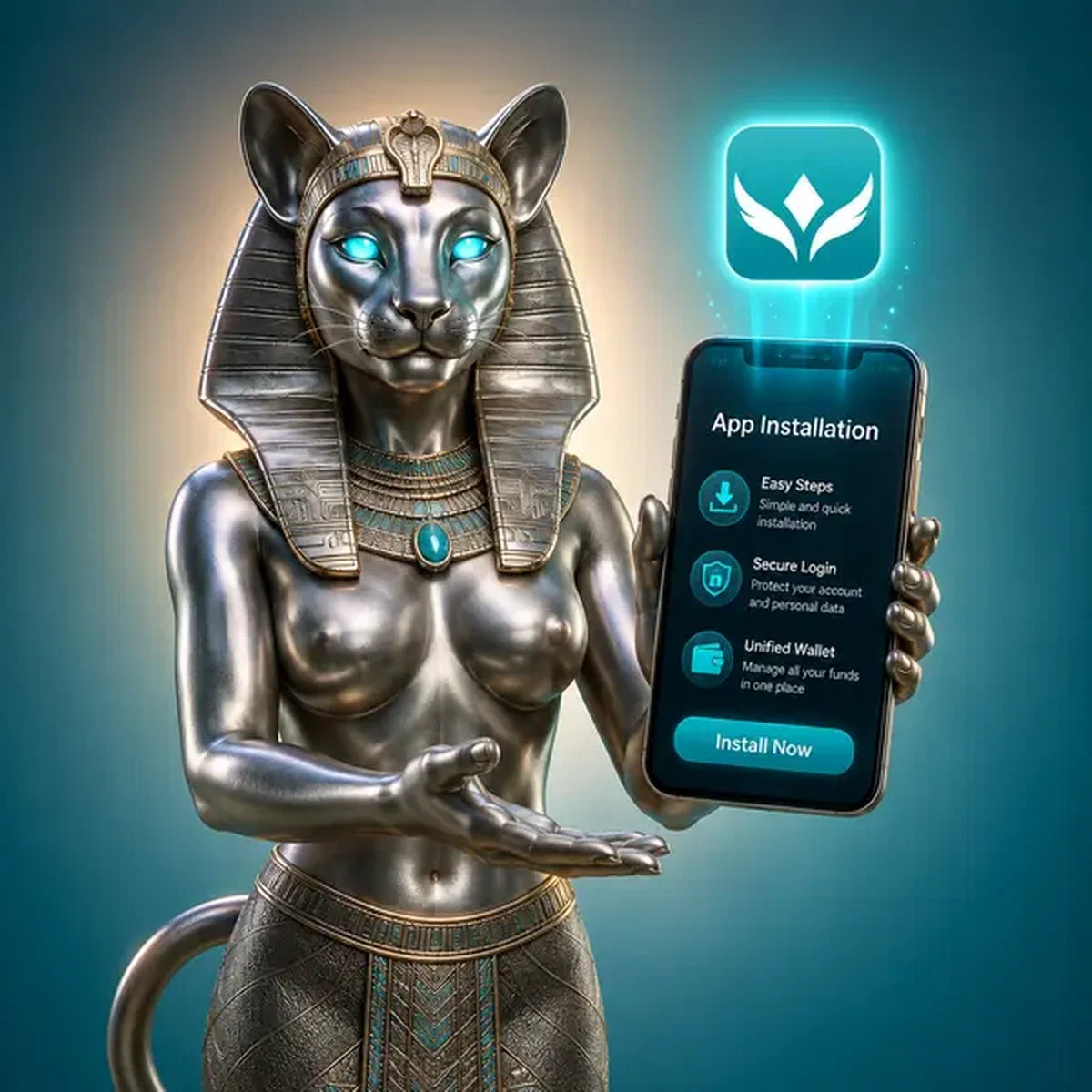 Der Keeper präsentiert die Winaura App-Installation mit leuchtendem Smartphone und türkisfarbener Oberfläche