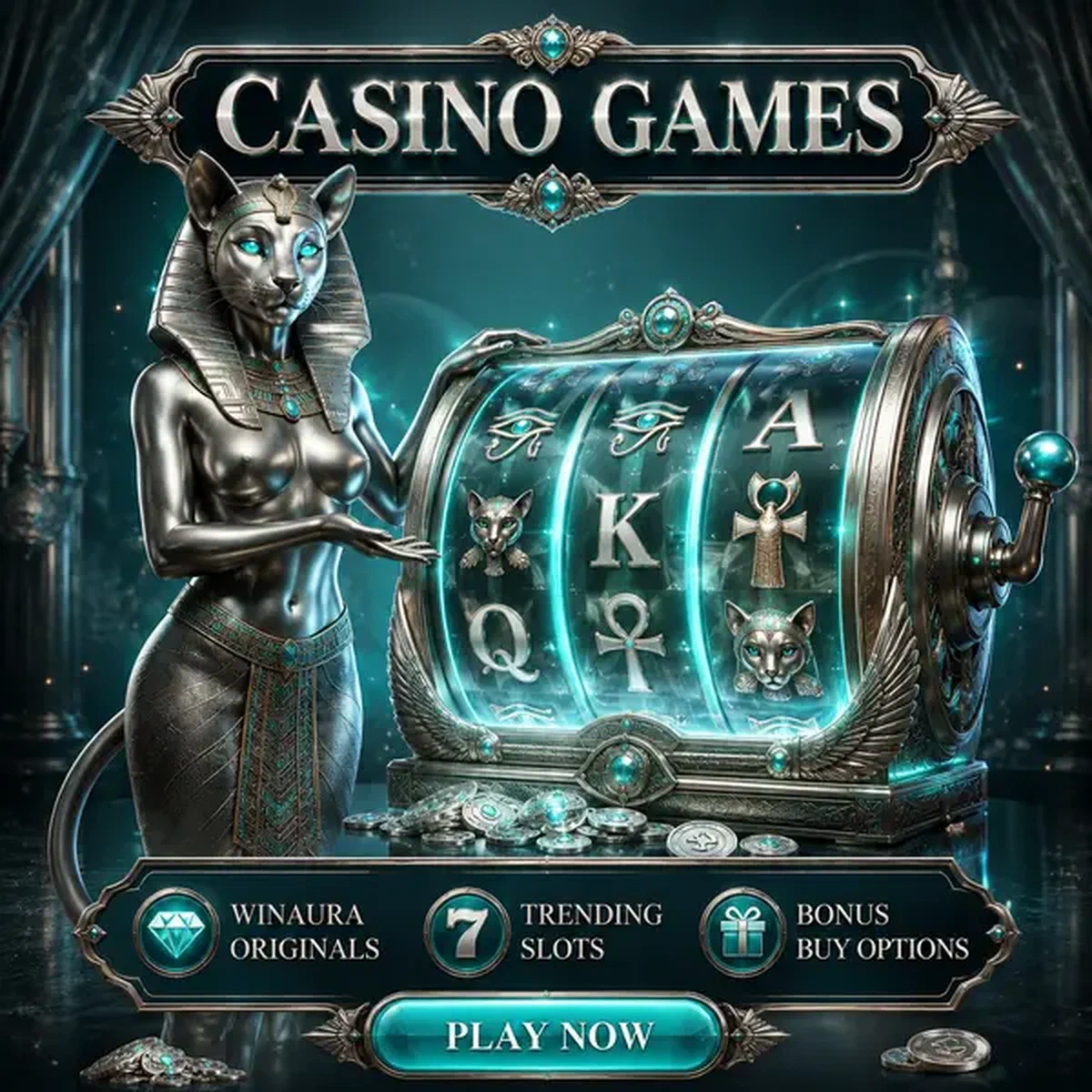 Elegante Katzengöttin zeigt leuchtende Spielautomaten-Walze in der Winaura Casino Games Spielhalle