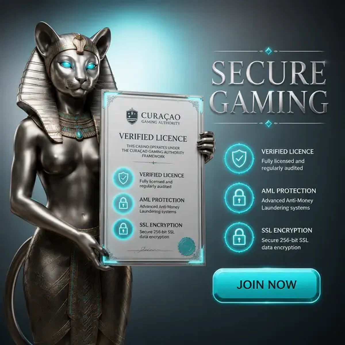 Eleganter Katzen-Keeper präsentiert Curaçao Gaming Authority-Verifizierungszertifikat am sicheren Gaming-Portal