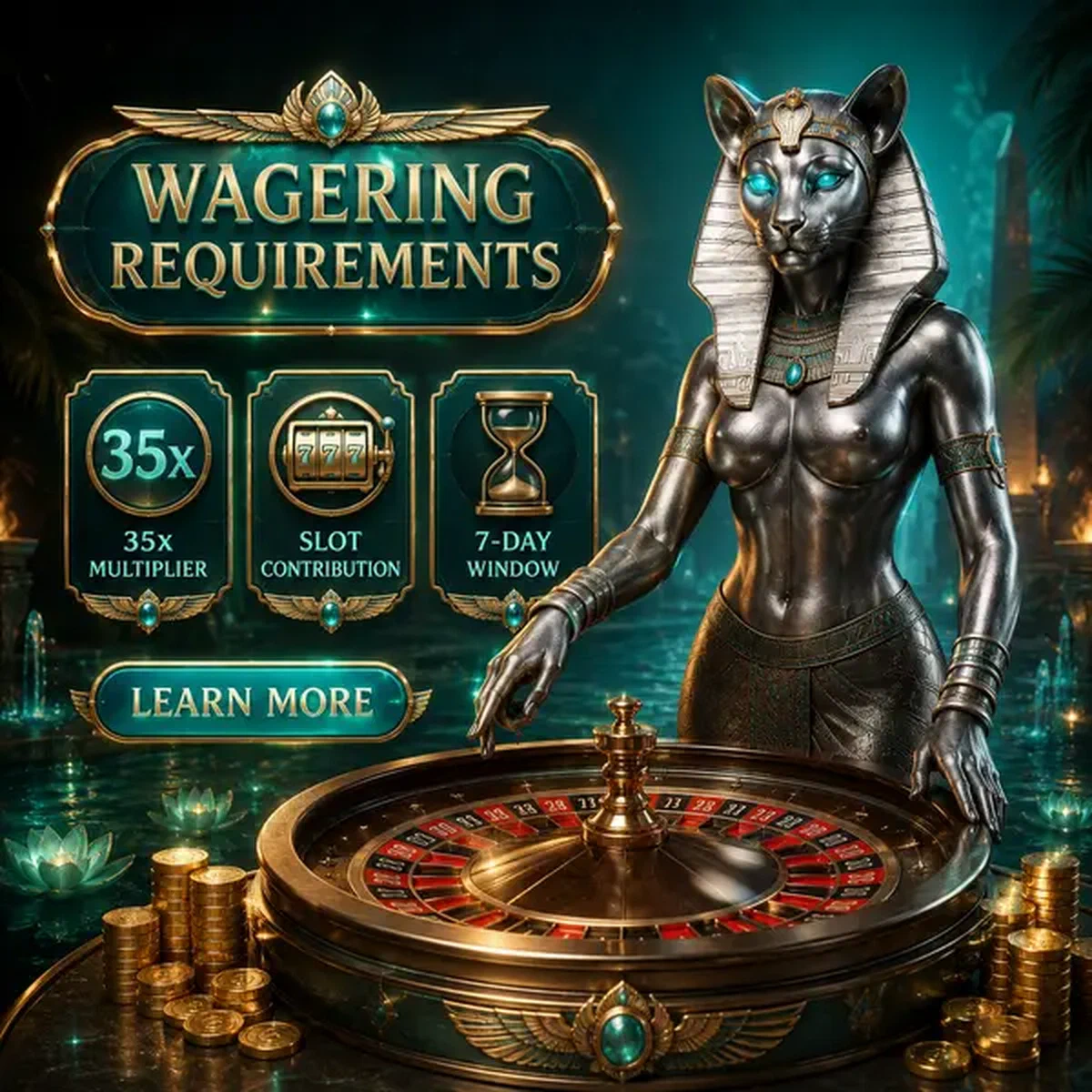 Elegante Katzengöttin dreht Roulette-Rad neben Winaura-Bonus-Umsatzbedingungen-Anzeige