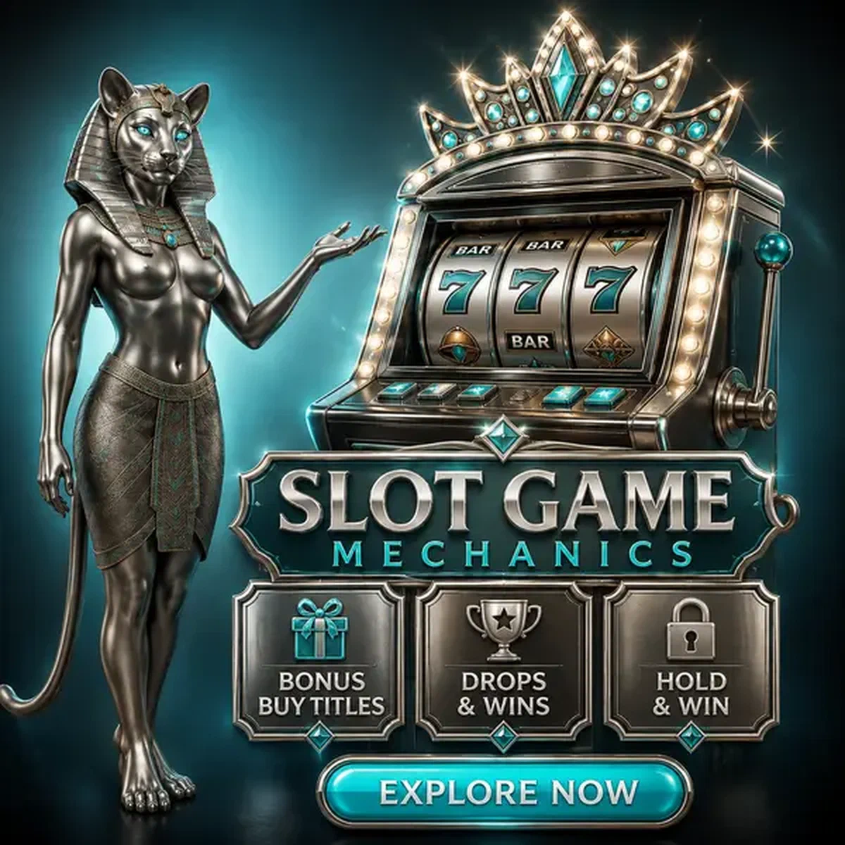 Silberne Katzen-Göttin gestikuliert zu leuchtenden Spielautomaten bei Winaura Casino