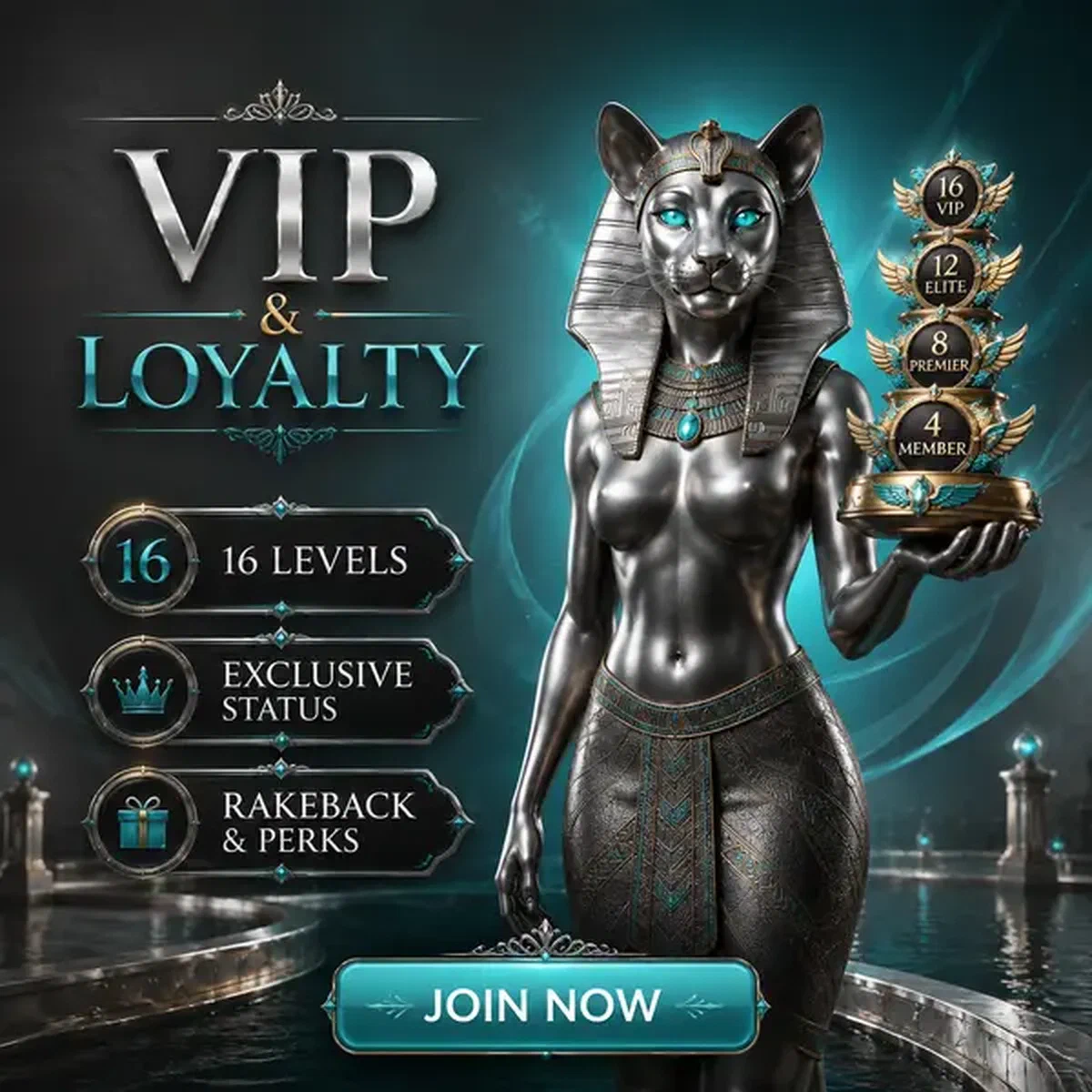 Elegante silberne Göttin präsentiert VIP-Treueprogramm-Stufen in der Winaura Casino Belohnungshalle